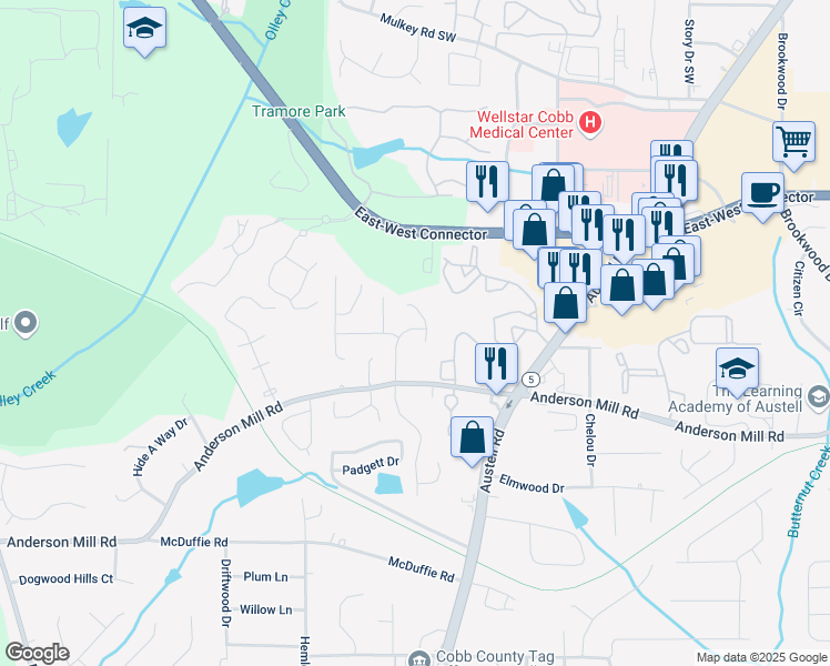 map of restaurants, bars, coffee shops, grocery stores, and more near 4303 Anderson Ridge Drive in Austell