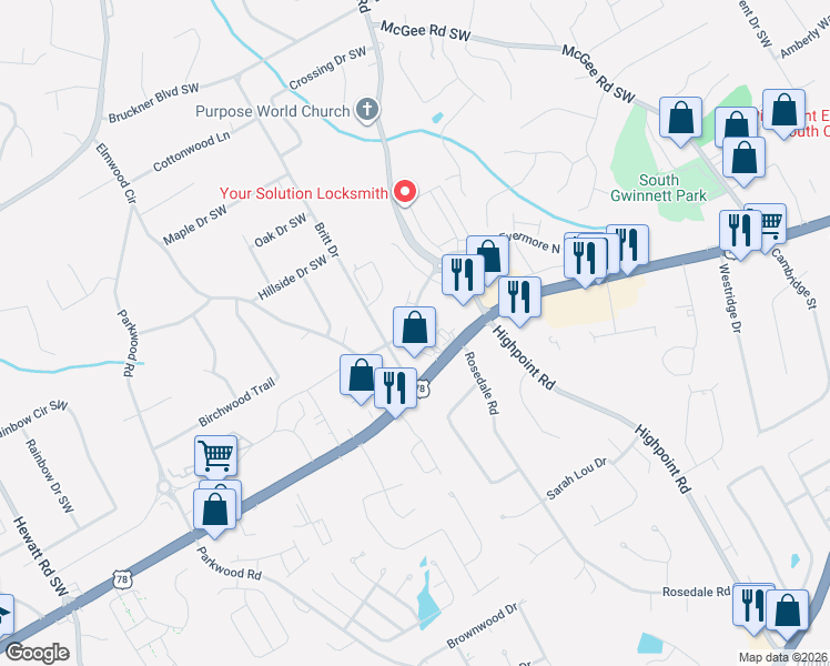 map of restaurants, bars, coffee shops, grocery stores, and more near 3293 U.S. 78 in Snellville