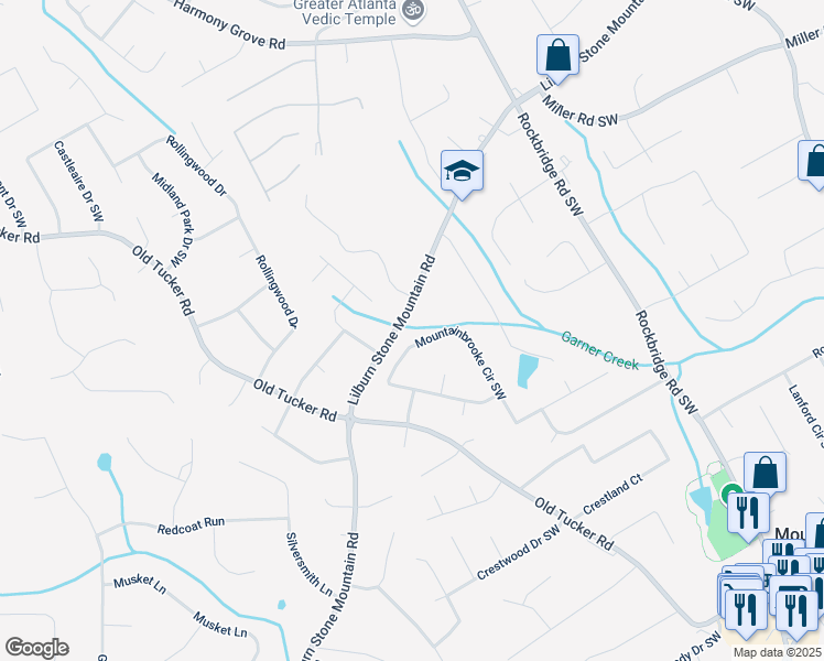 map of restaurants, bars, coffee shops, grocery stores, and more near 771 Mountainbrooke Circle Southwest in Stone Mountain