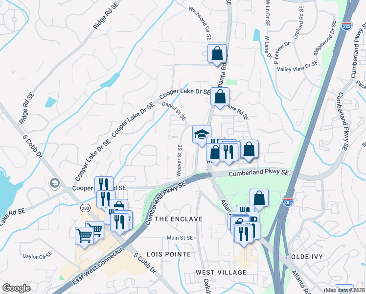 map of restaurants, bars, coffee shops, grocery stores, and more near 4221 Weaver Street Southeast in Smyrna