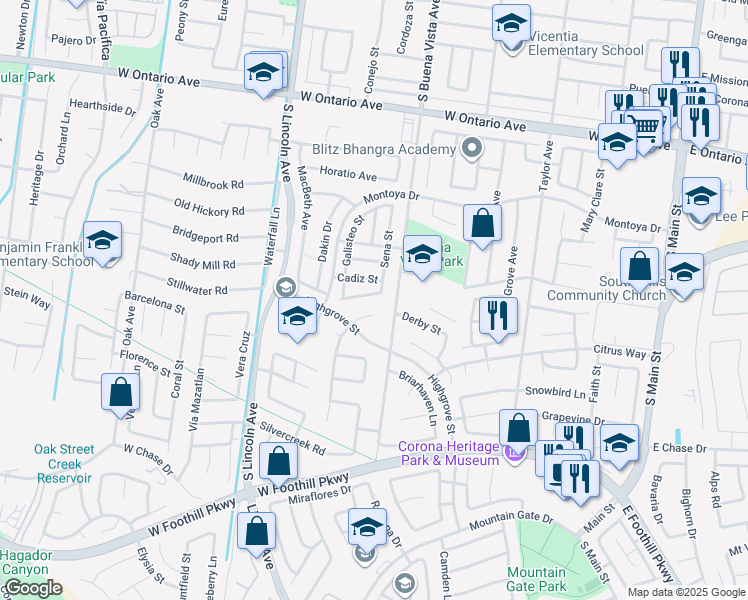 map of restaurants, bars, coffee shops, grocery stores, and more near 918 Harbor Street in Corona