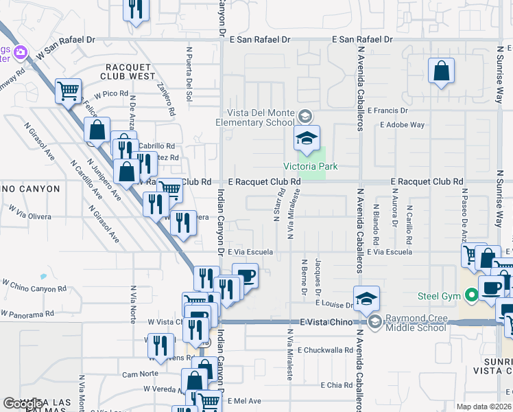 map of restaurants, bars, coffee shops, grocery stores, and more near 371 East Glen Circle South in Palm Springs