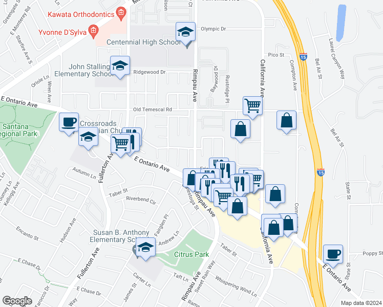 map of restaurants, bars, coffee shops, grocery stores, and more near 2209 Prescott Circle in Corona