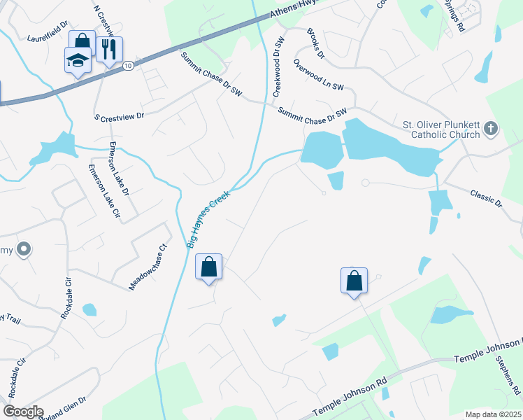 map of restaurants, bars, coffee shops, grocery stores, and more near 1619 Beaver Creek Lane in Snellville