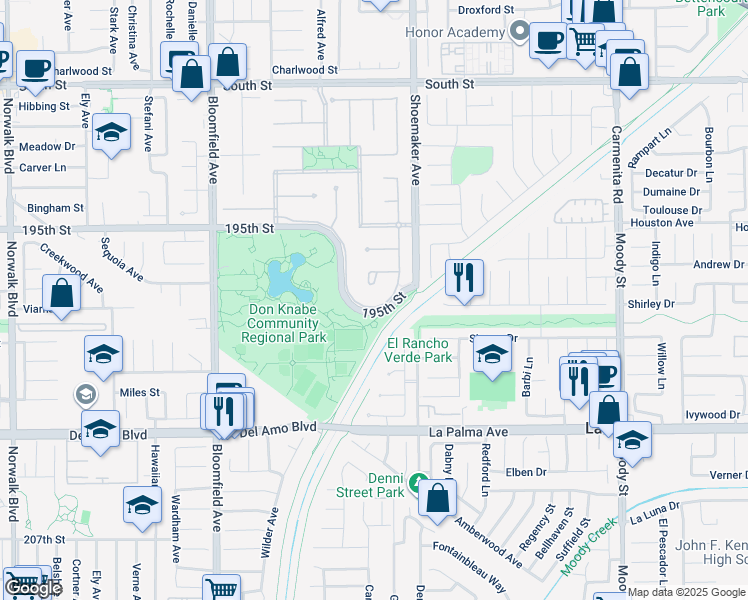 map of restaurants, bars, coffee shops, grocery stores, and more near 12967 Moorshire Drive in Cerritos