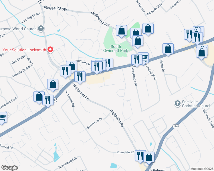 map of restaurants, bars, coffee shops, grocery stores, and more near 3074 Destin Circle in Snellville