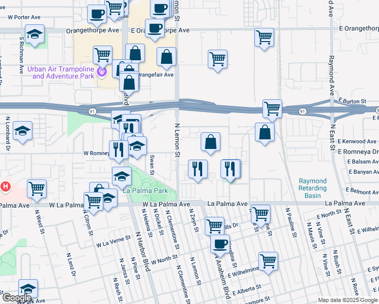 map of restaurants, bars, coffee shops, grocery stores, and more near 1160 Anaheim Boulevard in Anaheim