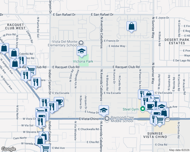 map of restaurants, bars, coffee shops, grocery stores, and more near 2311 North Duane Road in Palm Springs