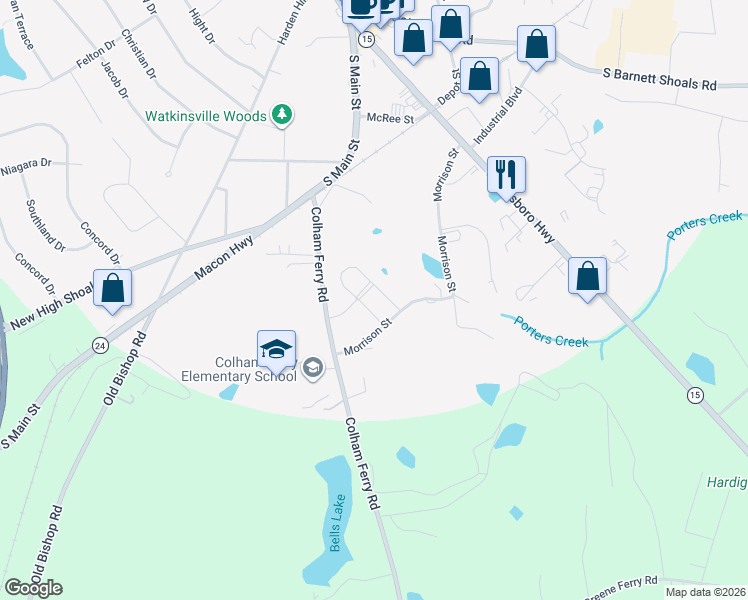 map of restaurants, bars, coffee shops, grocery stores, and more near 140 Colham Ferry Road in Watkinsville