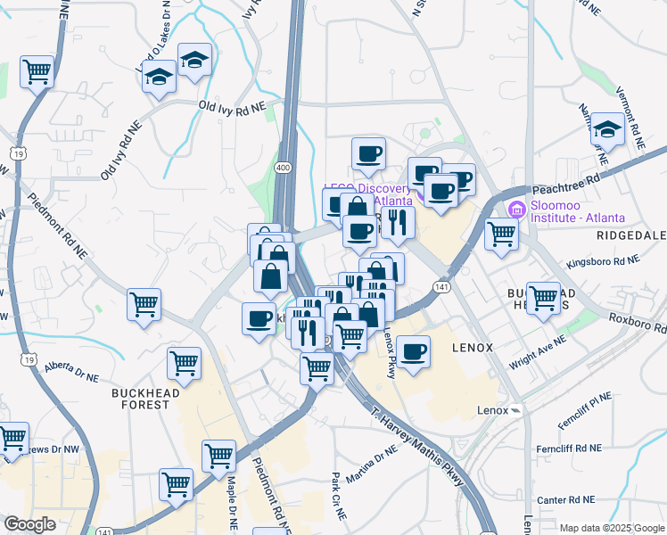 map of restaurants, bars, coffee shops, grocery stores, and more near 3445 Stratford Road Northeast in Atlanta