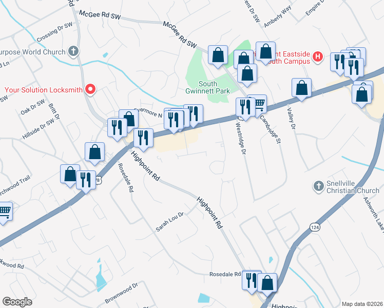 map of restaurants, bars, coffee shops, grocery stores, and more near 3076 Destin Circle in Snellville