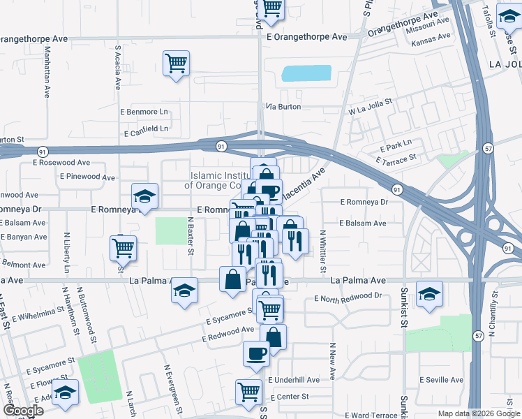 map of restaurants, bars, coffee shops, grocery stores, and more near N State College Blvd & E Romneya Dr in Anaheim