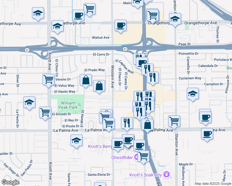 map of restaurants, bars, coffee shops, grocery stores, and more near 7534 El Ferrol Way in Buena Park