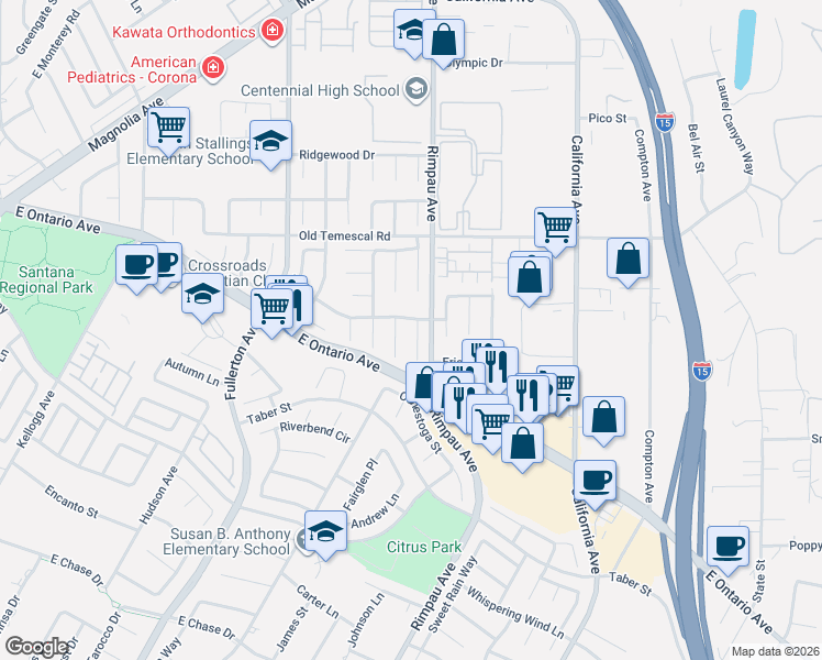 map of restaurants, bars, coffee shops, grocery stores, and more near 2208 Prescott Circle in Corona