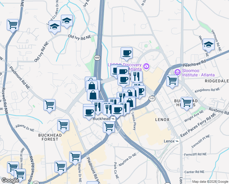map of restaurants, bars, coffee shops, grocery stores, and more near 3445 Stratford Road Northeast in Atlanta