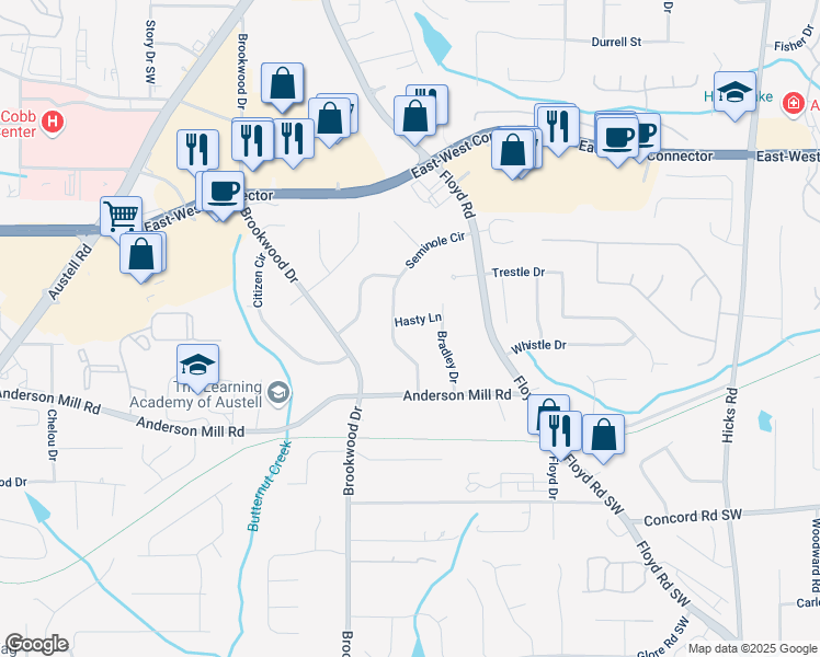 map of restaurants, bars, coffee shops, grocery stores, and more near 4210 Hasty Lane in Austell