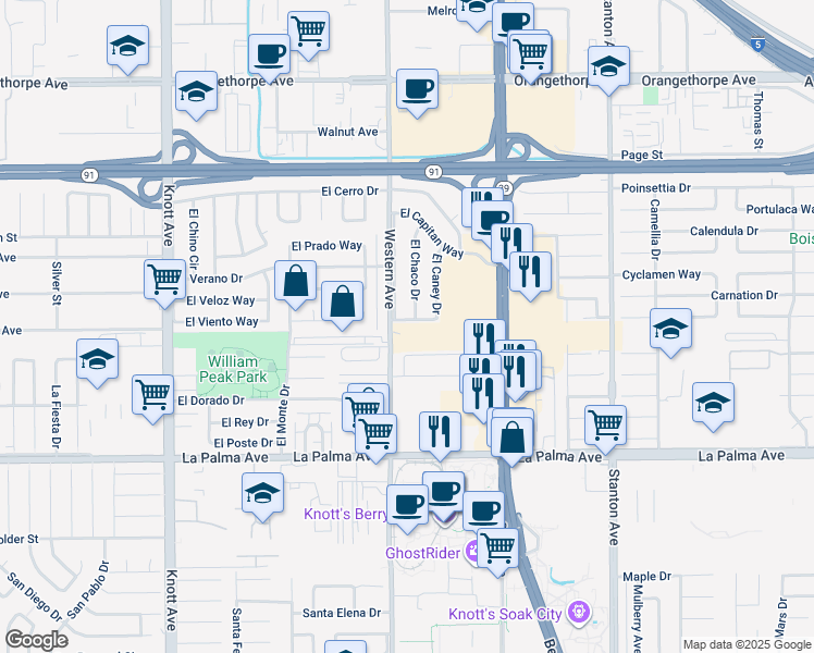 map of restaurants, bars, coffee shops, grocery stores, and more near 7534 El Ferrol Way in Buena Park