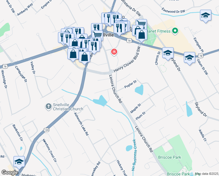map of restaurants, bars, coffee shops, grocery stores, and more near 2625 Beverly Lane Southwest in Snellville