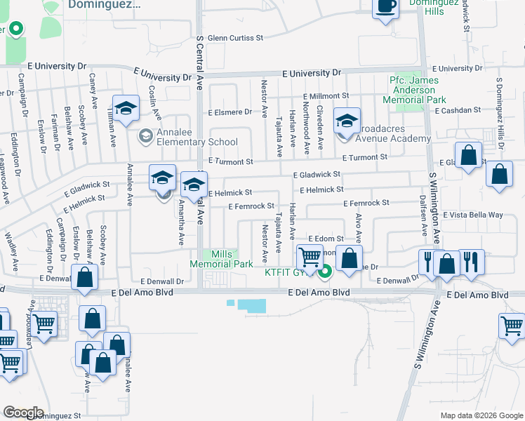 map of restaurants, bars, coffee shops, grocery stores, and more near 1448 East Fernrock Street in Carson