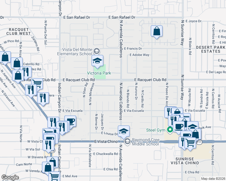 map of restaurants, bars, coffee shops, grocery stores, and more near 2311 North Duane Road in Palm Springs