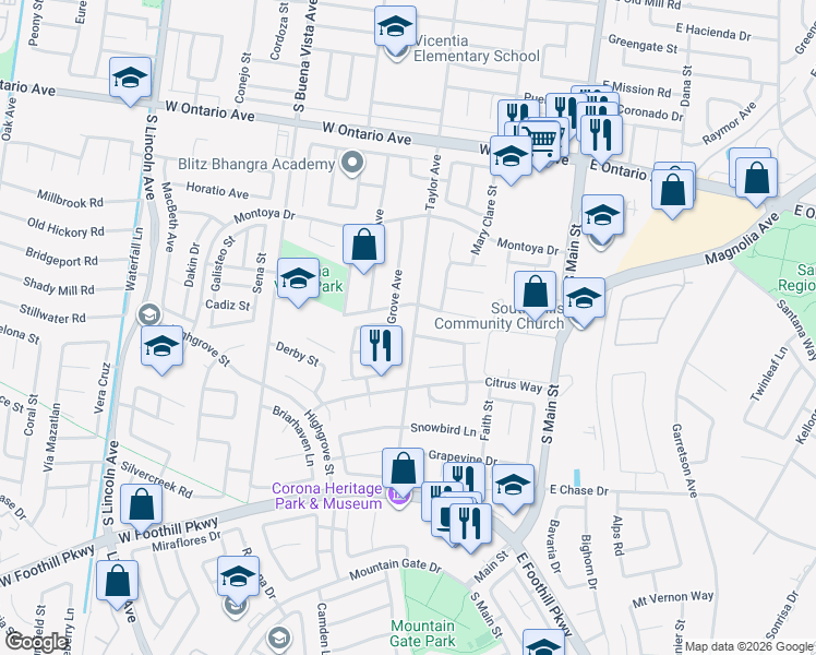 map of restaurants, bars, coffee shops, grocery stores, and more near 2610 Taylor Avenue in Corona