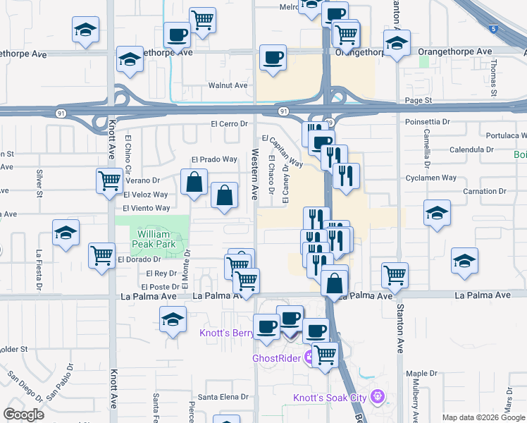 map of restaurants, bars, coffee shops, grocery stores, and more near 7534 El Ferrol Way in Buena Park