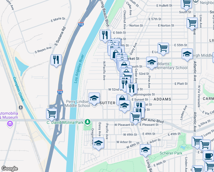 map of restaurants, bars, coffee shops, grocery stores, and more near 5201 North Pacific Avenue in Long Beach