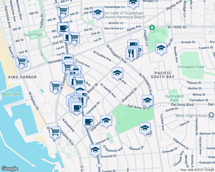 map of restaurants, bars, coffee shops, grocery stores, and more near 658 North Juanita Avenue in Redondo Beach