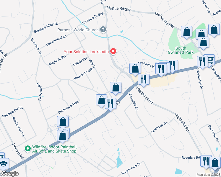 map of restaurants, bars, coffee shops, grocery stores, and more near 2006 Britt Drive in Snellville