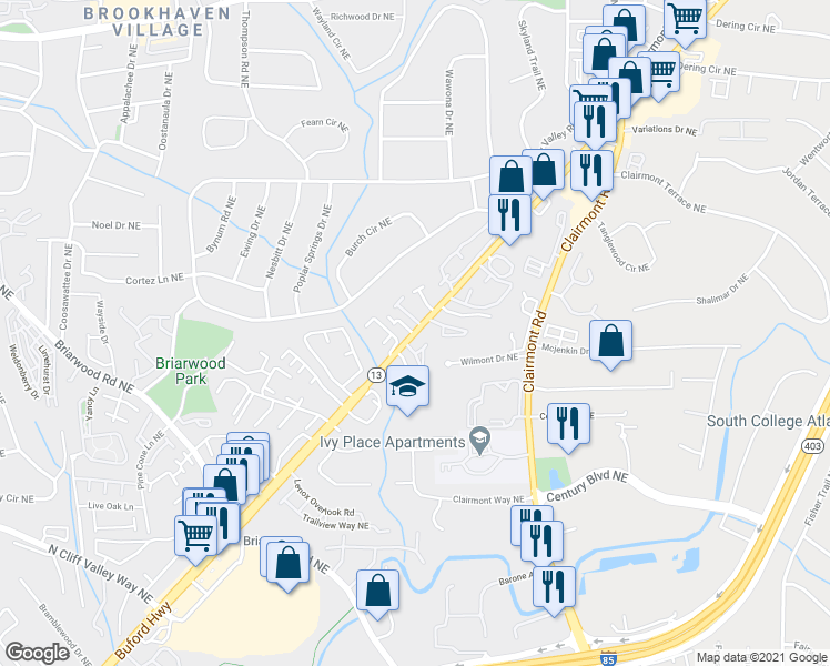 map of restaurants, bars, coffee shops, grocery stores, and more near 3555 Buford Highway Northeast in Atlanta