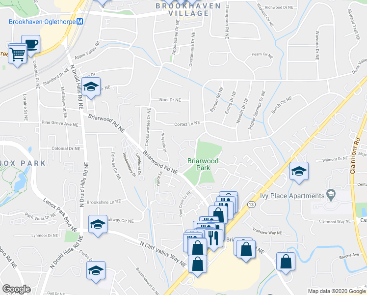 map of restaurants, bars, coffee shops, grocery stores, and more near 1470 Briarwood Road Northeast in Brookhaven