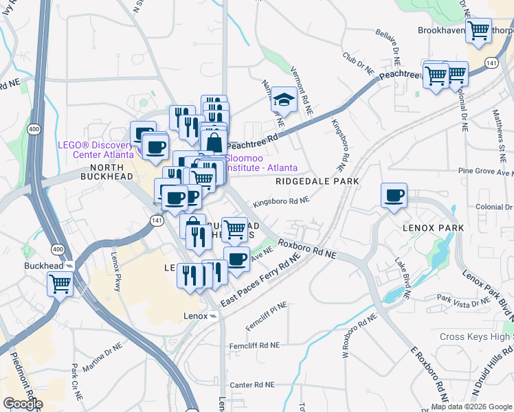 map of restaurants, bars, coffee shops, grocery stores, and more near 3511 Roxboro Road Northeast in Atlanta