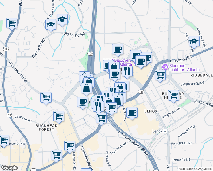 map of restaurants, bars, coffee shops, grocery stores, and more near 3390 Stratford Road Northeast in Atlanta