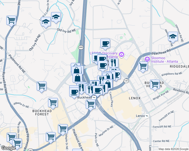 map of restaurants, bars, coffee shops, grocery stores, and more near 3390 Stratford Road Northeast in Atlanta