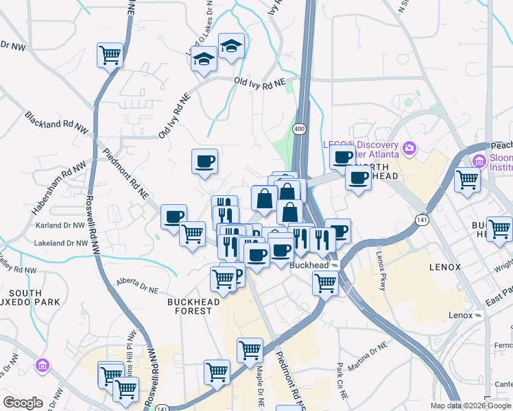 map of restaurants, bars, coffee shops, grocery stores, and more near 2 Buckhead Loop Northeast in Atlanta