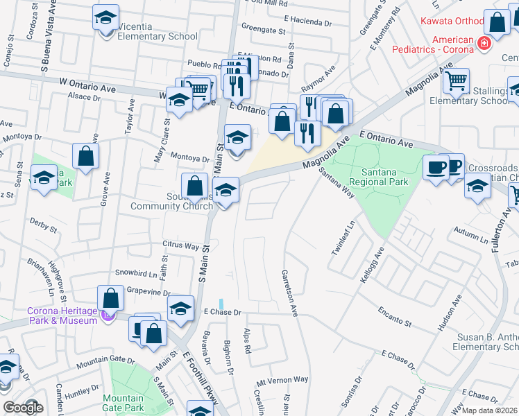 map of restaurants, bars, coffee shops, grocery stores, and more near 252 Sunburst Lane in Corona