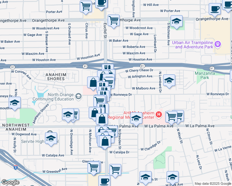 map of restaurants, bars, coffee shops, grocery stores, and more near 1203 North Dresden Place in Anaheim