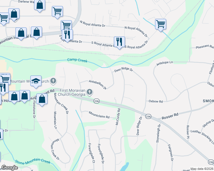 map of restaurants, bars, coffee shops, grocery stores, and more near 5012 Antebellum Drive in Stone Mountain