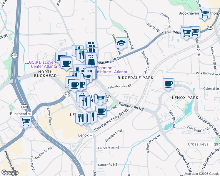 map of restaurants, bars, coffee shops, grocery stores, and more near 3511 Roxboro Road Northeast in Atlanta