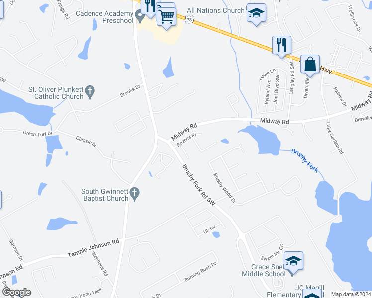 map of restaurants, bars, coffee shops, grocery stores, and more near 3390 Rozena Way in Loganville