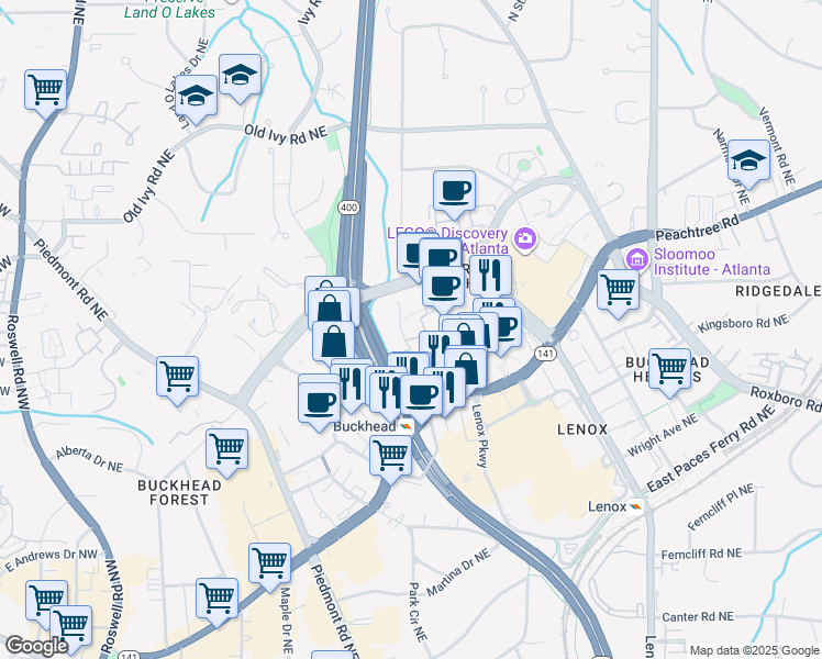 map of restaurants, bars, coffee shops, grocery stores, and more near 3390 Stratford Road Northeast in Atlanta