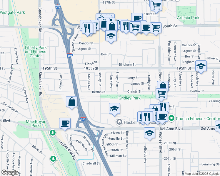 map of restaurants, bars, coffee shops, grocery stores, and more near 11448 Bertha Street in Cerritos