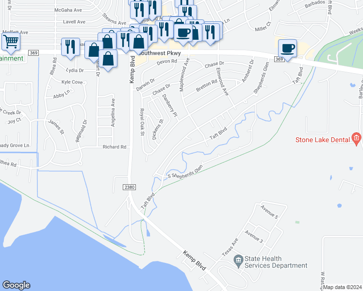 map of restaurants, bars, coffee shops, grocery stores, and more near 2717 Shepherds Glen in Wichita Falls
