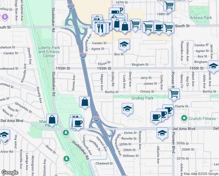 map of restaurants, bars, coffee shops, grocery stores, and more near 19724 Harvest Avenue in Cerritos