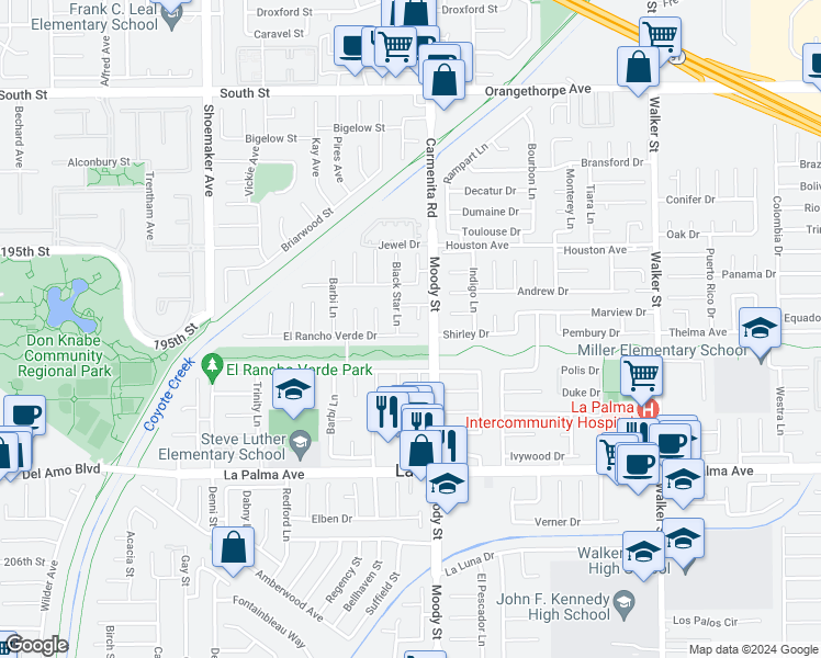 map of restaurants, bars, coffee shops, grocery stores, and more near 4941 El Rancho Verde Drive in La Palma