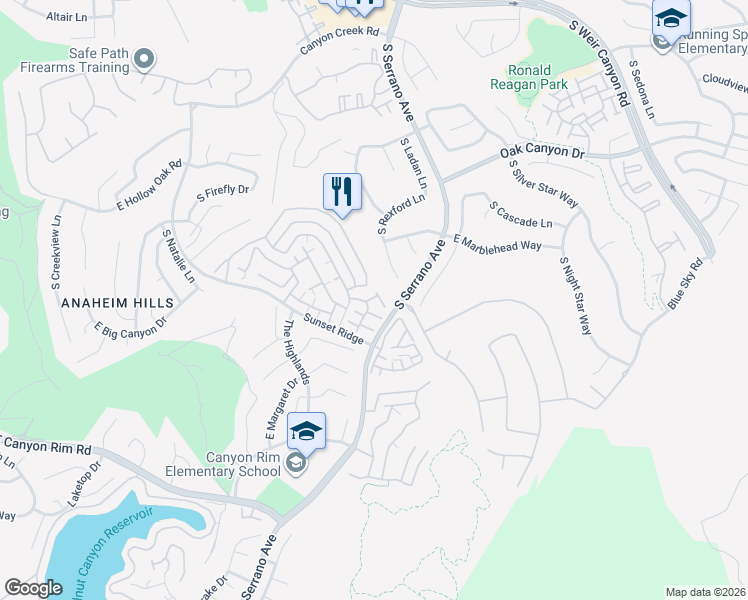 map of restaurants, bars, coffee shops, grocery stores, and more near 8075 East Treeview Court in Anaheim