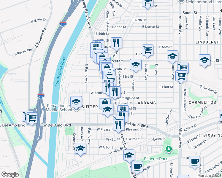 map of restaurants, bars, coffee shops, grocery stores, and more near 5230 Long Beach Boulevard in Long Beach