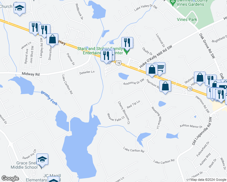 map of restaurants, bars, coffee shops, grocery stores, and more near 590 Aristocrat Drive Southwest in Loganville
