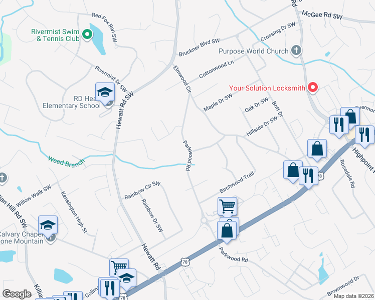 map of restaurants, bars, coffee shops, grocery stores, and more near 1953 Parkwood Road in Snellville