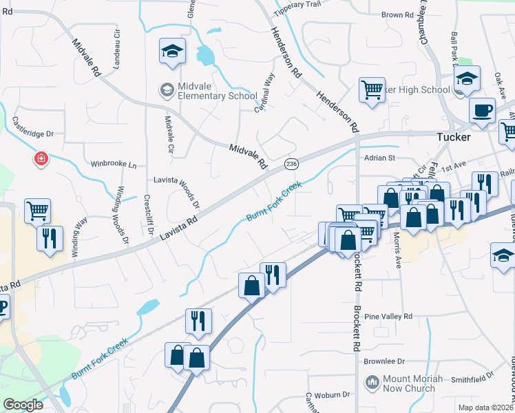 map of restaurants, bars, coffee shops, grocery stores, and more near 2270 Lavista Cove in Tucker